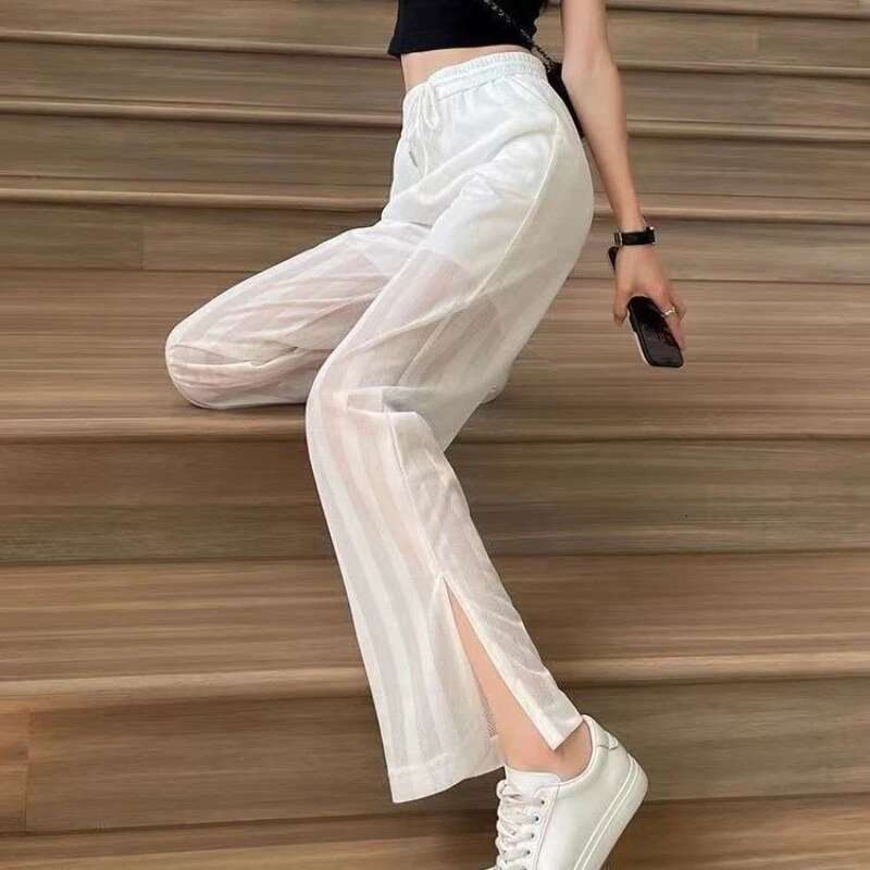 Stripe Trousers for Women Straight Leg Transparent Wide with Slits White Womens Pants Mesh Korean Fashion One Size 90s Clothing