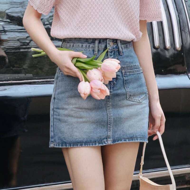 Wrap Woman Denim Skirt Kawaii Jeans Skirts for Women Gyaru Cute Tight 2025 Trend Clothing Sales Modest Cheap Stylish Premium V