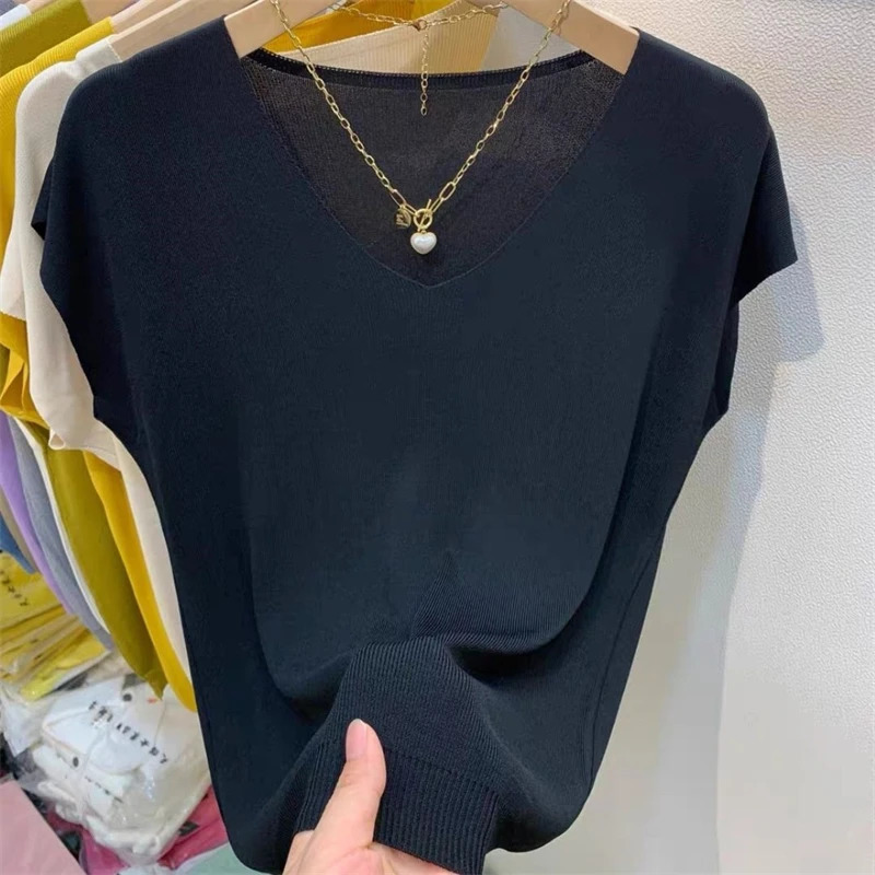 Women Clothing Summer Fashion Simple Short Sleeve Ice Silk Thin Knitted T-shirt Casual Commute Solid V Neck Loose Pullover Tops 250614