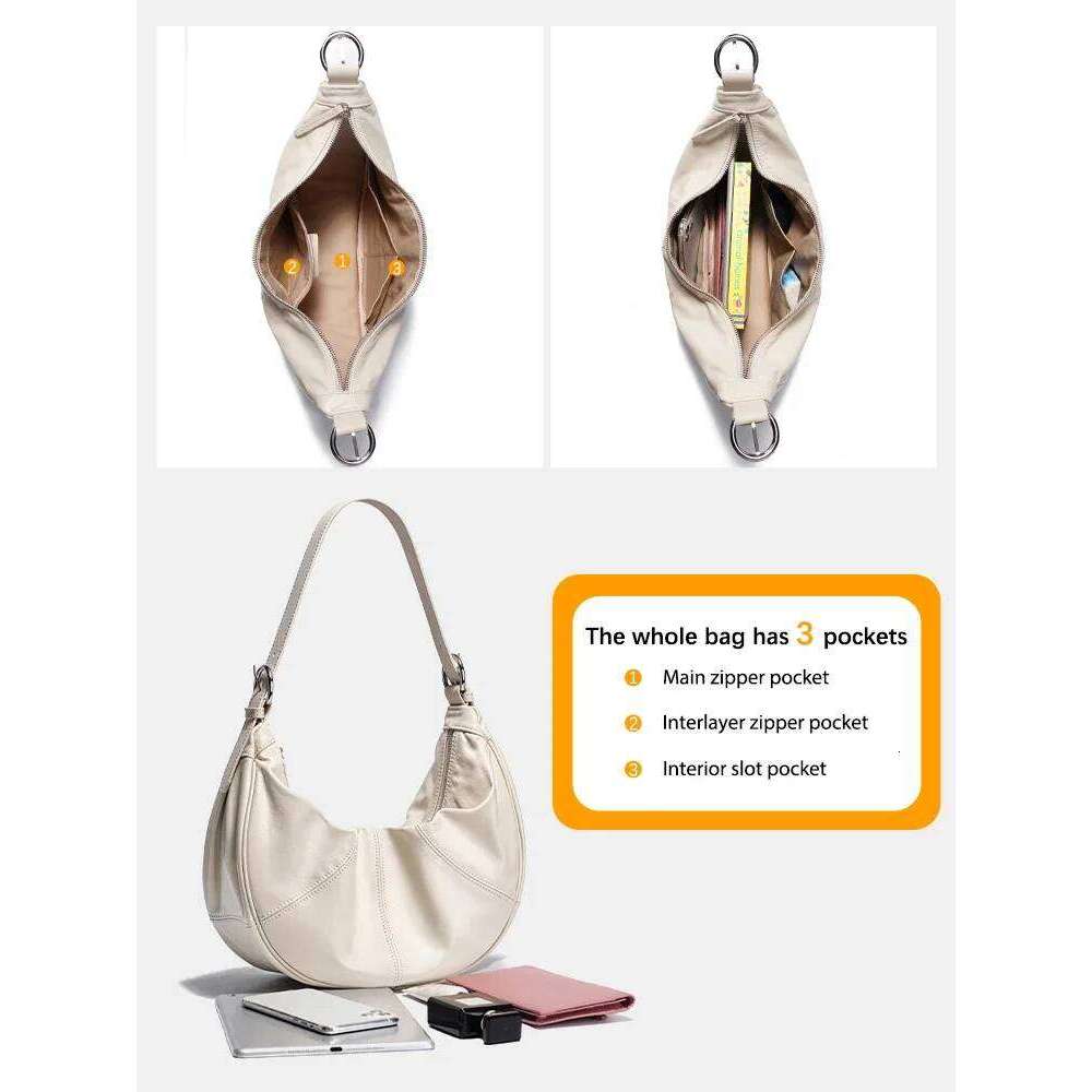 Zency New Trendy Beige Soft Leather Hobo Bag Large Capacity Handbag Stylish Crossbody For Fashion Girls