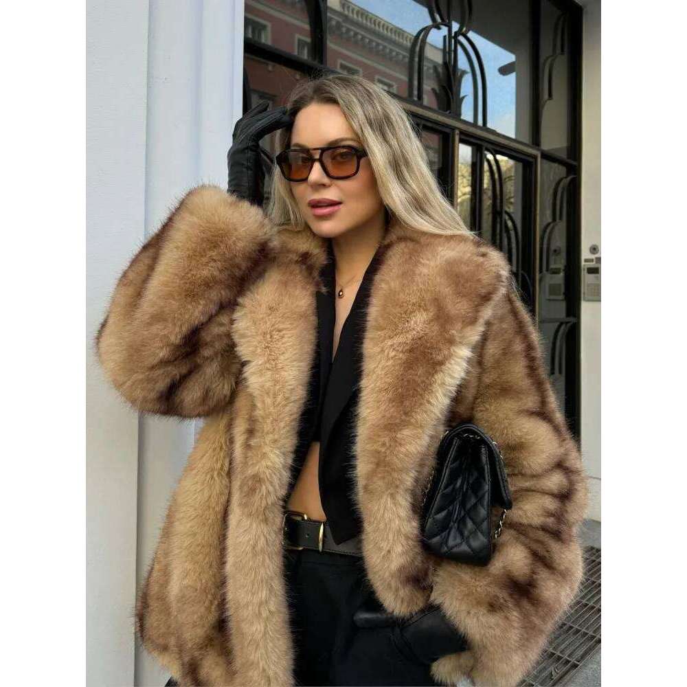 Gold Dyed Pointy Faux Fur Coat Suit Collar Fluffy Short Overcoat Vintage Thickened Warm Loose Fashion Women's Outwear Top Winter