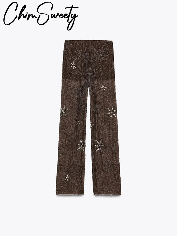 Fashion Beading See Through Women Pant Elastic Waist Wide Leg Brown Trousers Female 2025 Spring Summer Lady Loose Outwear 250616