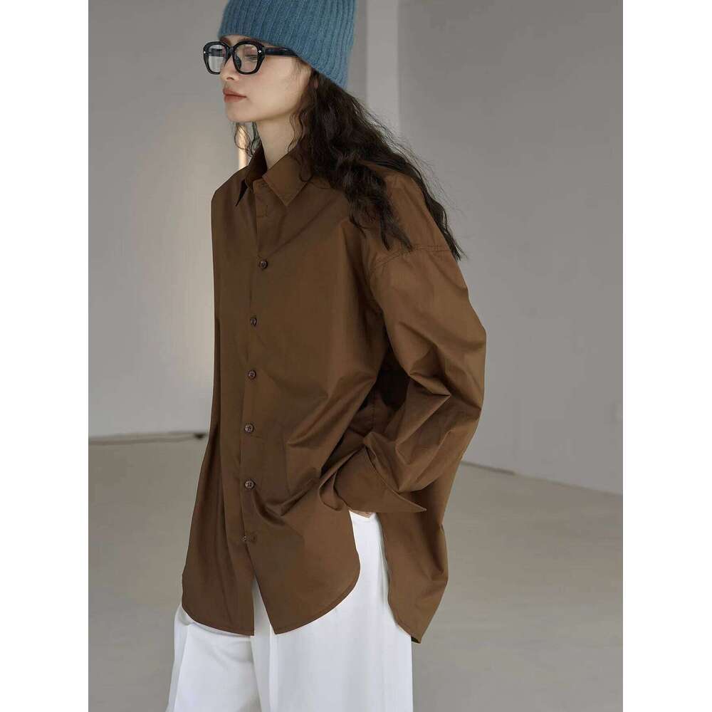 Autumn and winter women's casual solid color lapel long sleeved loose fitting shirt