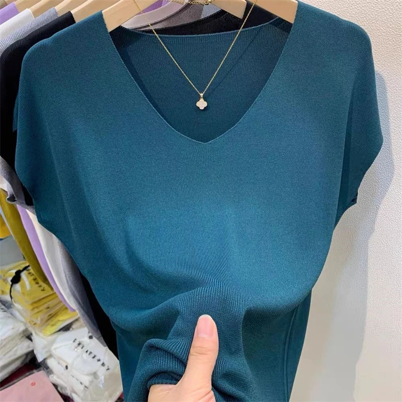 Women Clothing Summer Fashion Simple Short Sleeve Ice Silk Thin Knitted T-shirt Casual Commute Solid V Neck Loose Pullover Tops 250614