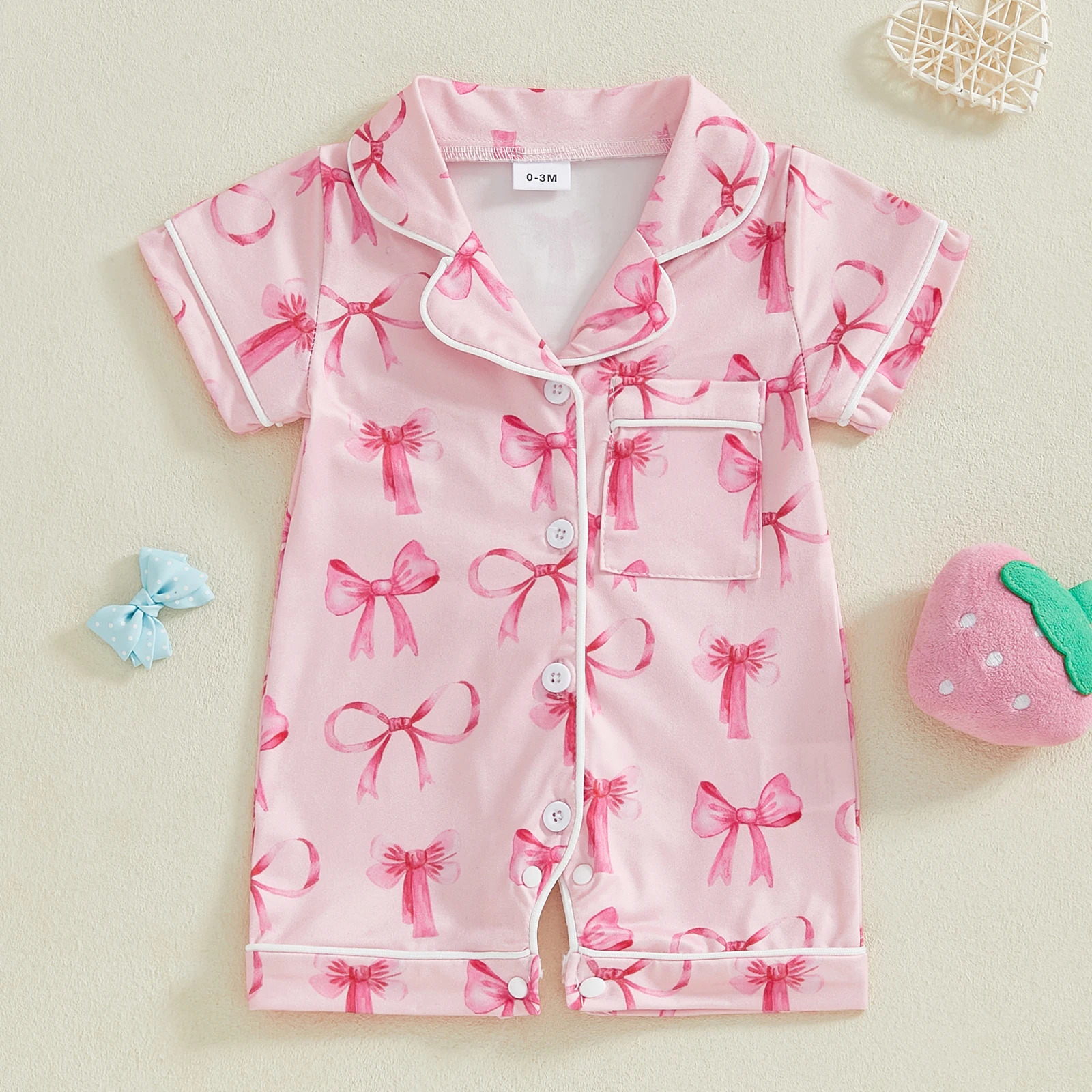 Summer Infant Baby Girl Lapel Collar Loungewear Children Short SleeveStrawberry/Heart Print Sleepwear Children Cotton Pajamas 250617