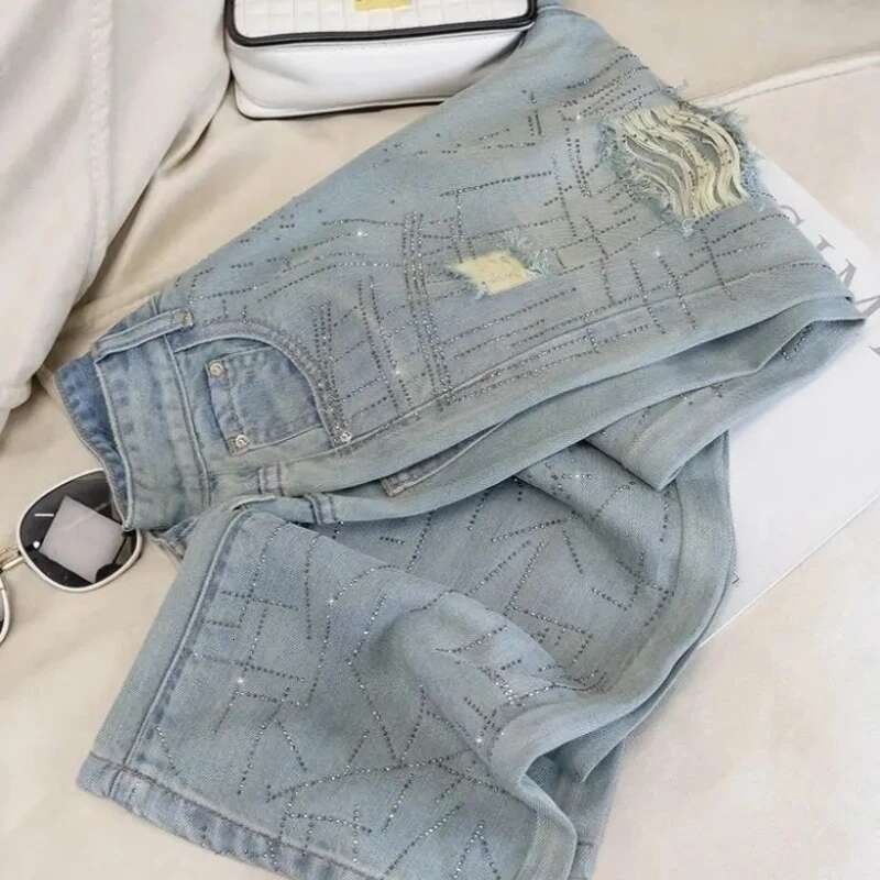 With Rhinestones Denim Pants for Women Straight Leg Woman Jeans Korean Popular Clothes 2025 Fashion Trend Streetwear Trousers