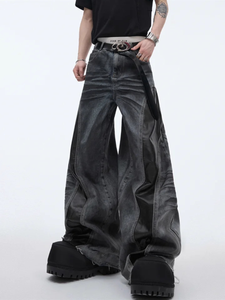 2025 Cyber Y2K Streetwear Black Pu Leather Patchwork Baggy Flare Jeans Pants Men Clothing Washed Black Wide Leg Denim Trousers 250616