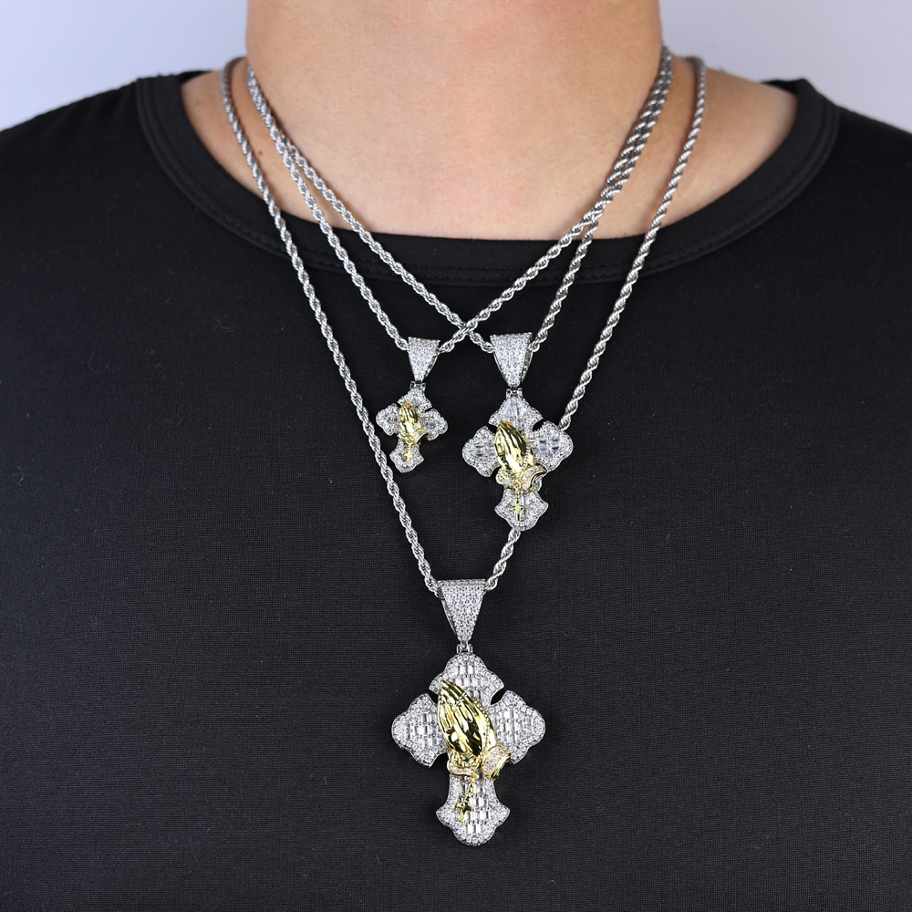 sdzstone 2025 NEW fashion Iced Out Bling Cross Pendant Necklace Praying Hands Pendant Charm For Man Woman Jewelry