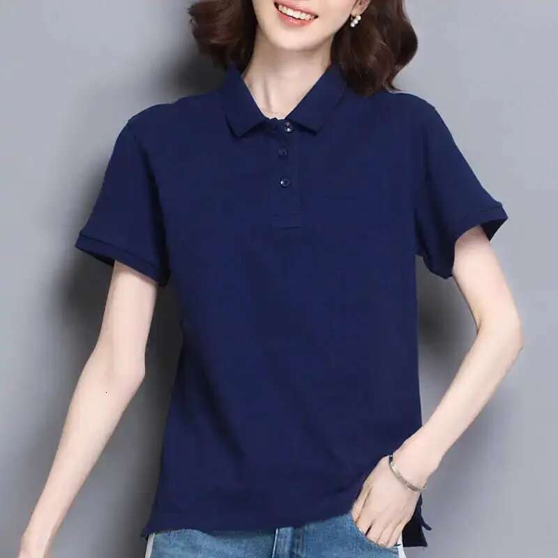 Woman T Shirt Slim White Button Polo Neck Women Cotton Plain Clothing Trend 2025 in On Offer Fashion Youth Y2k Korean Style