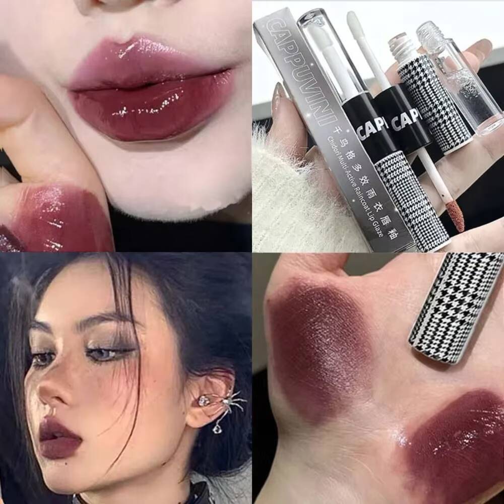Matte Glaze Double Head Mirror Lipstick Moisturizing Water Gloss Dark Raincoat Solid Color Non-stick Cup Korea Lip Makeup happy