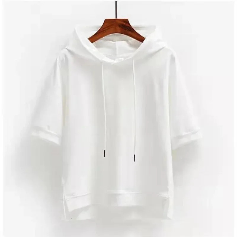 Autumn Solid Color Hooded Versatile Womens Top Summer Short Sleeved Sweatshirts Female Y2k Outdoor Casual Pullovers Hoodies 250612