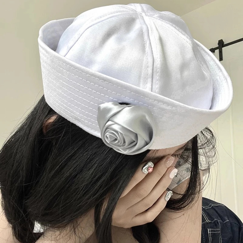 Japanese Rose Sweet and Cute Sailor Hat Spring and Summer Niche Simple Trend Flipped Brim Retro Versatile Solid Color Beret Cap 250604