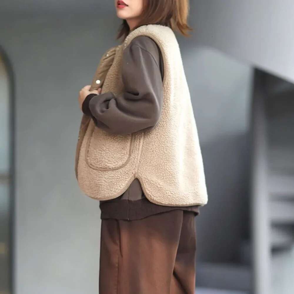 Warm Lady Lamb Plush Giletes Splicing Cold Demi-season Youthful Trend 2025 Womens Vests Autumn Lightweight Padded Sleeveless