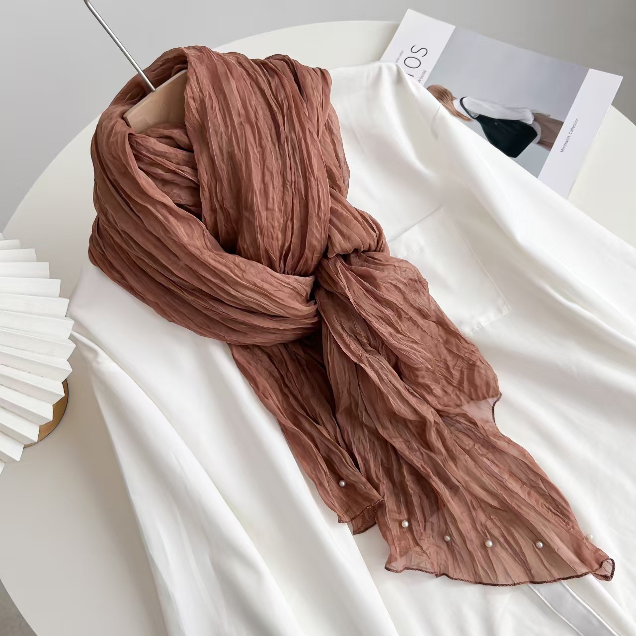 T993 double-layer wrinkled chiffon beaded scarf solid color long pleated shawl spring and summer retro sunscreen silk scarf