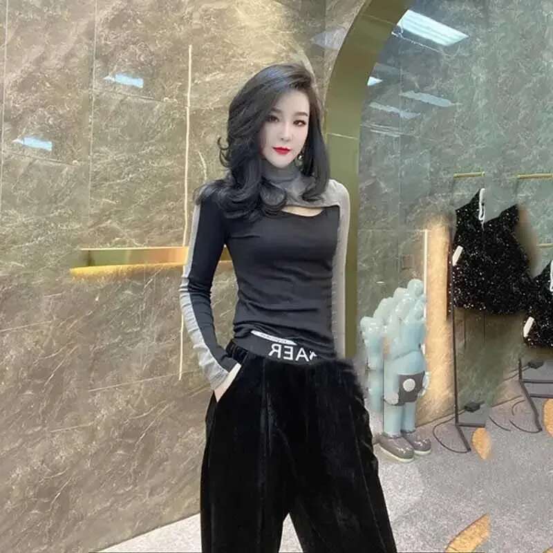 With Sleeves Womens Long Sleeve T-shirt Slim Turtleneck Top Female Korean Fashion Y2k Clothes 2025 High Quality Basic Tee Korea