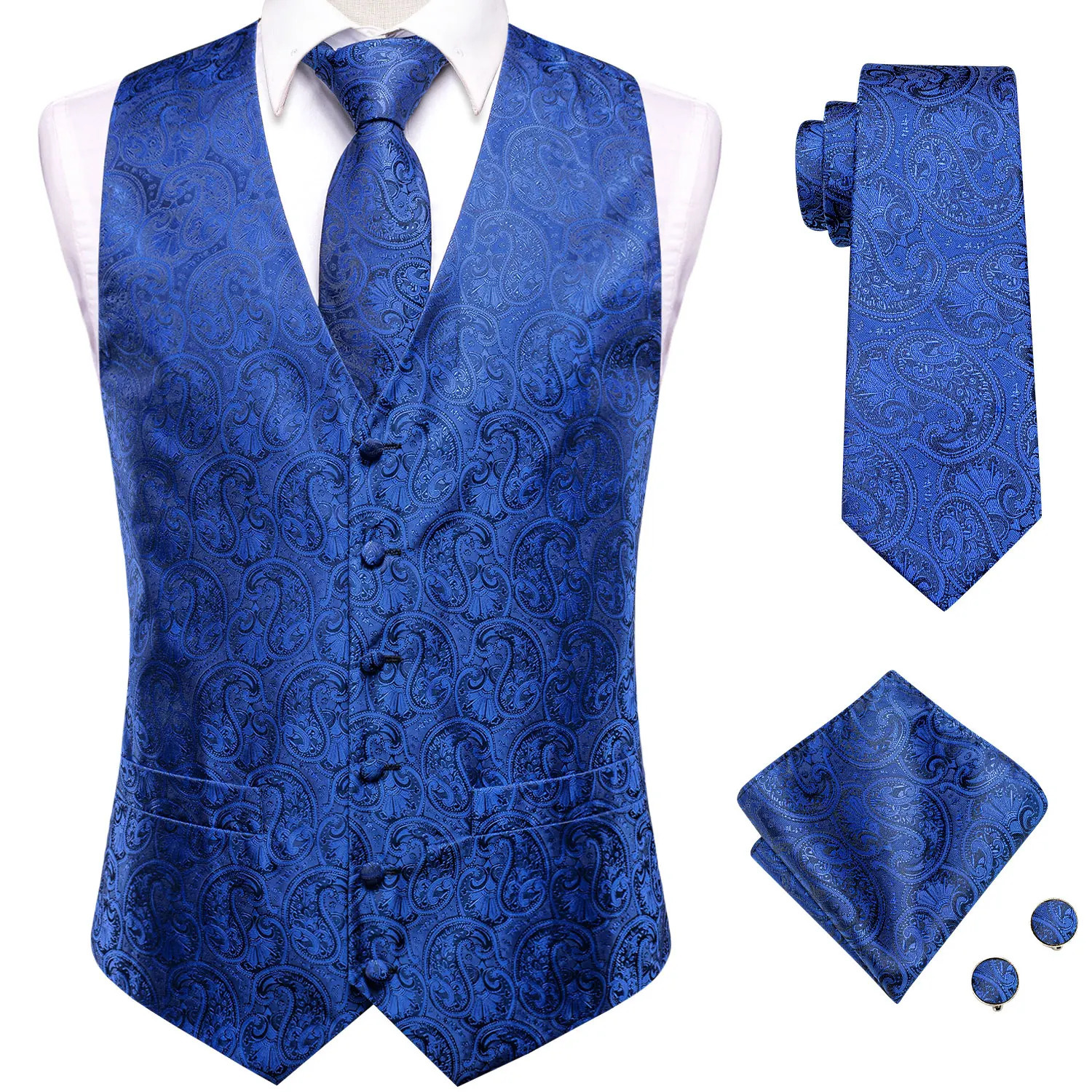 Sky Navy Royal Blue Silk Mens Waistcoat Tie Set Sleeveless Jacket Vest Necktie Hanky Cufflinks Wedding Business Oversized Gift 250614