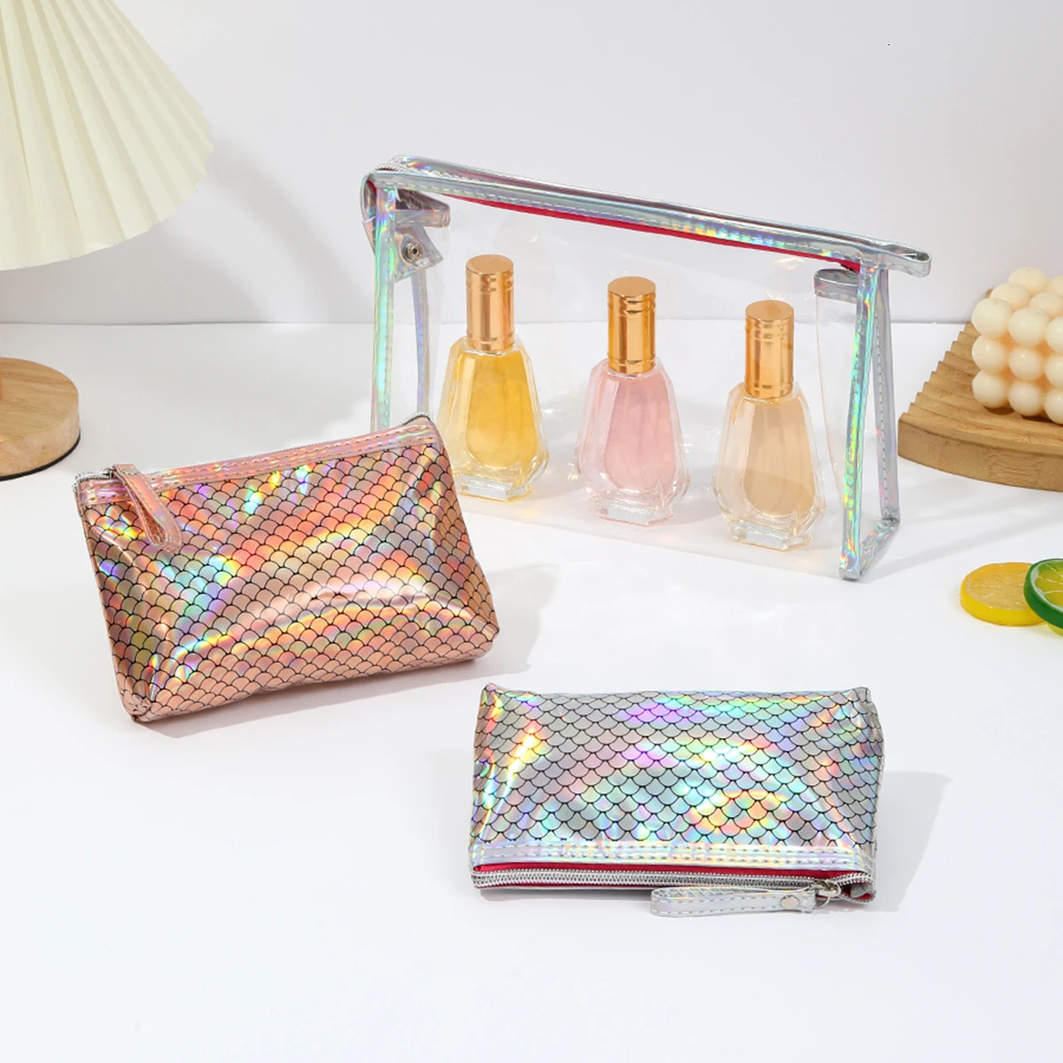 twopiece waterproof PVC cosmetic bag Laser fish scale storage and grooming Multi functional womens makeup bag 250614