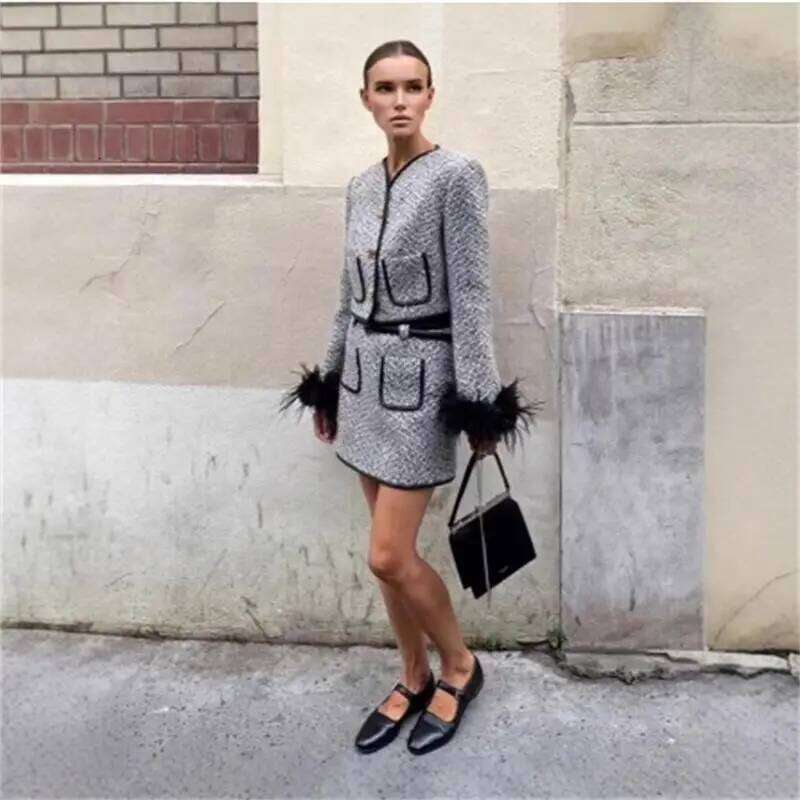 Elegant Contrast Mink Sleeve Braided Coat High Waist Suit Single-Breasted Knitted Top with Patchwork Fur A-line Skirt