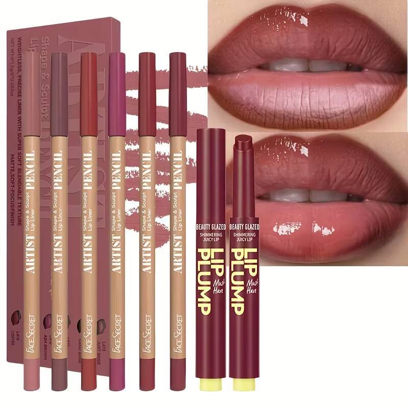 7pcs Makeup Liner Set + Lip Matte Waterproof Long lasting Lipliner Pen Moisturizing Jelly Lipstick happy