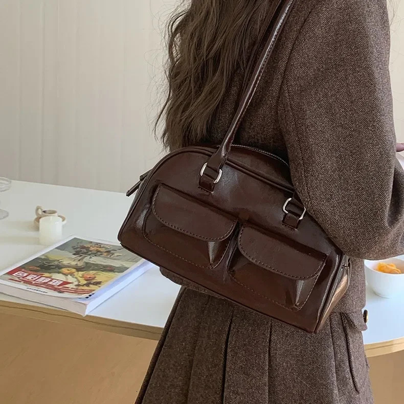 Womens Retro Single Shoulder Handheld Underarm Bag Oil Wax Leather Bag Double Bag Casual Bag 250614