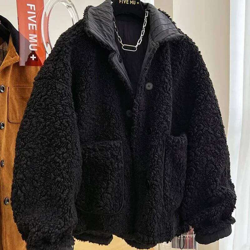 2024 New High-end Imitation Lamb Wool Women Autumn Winter Loose Thickened Warm Reversible Cotton-padded Jacket Preppy
