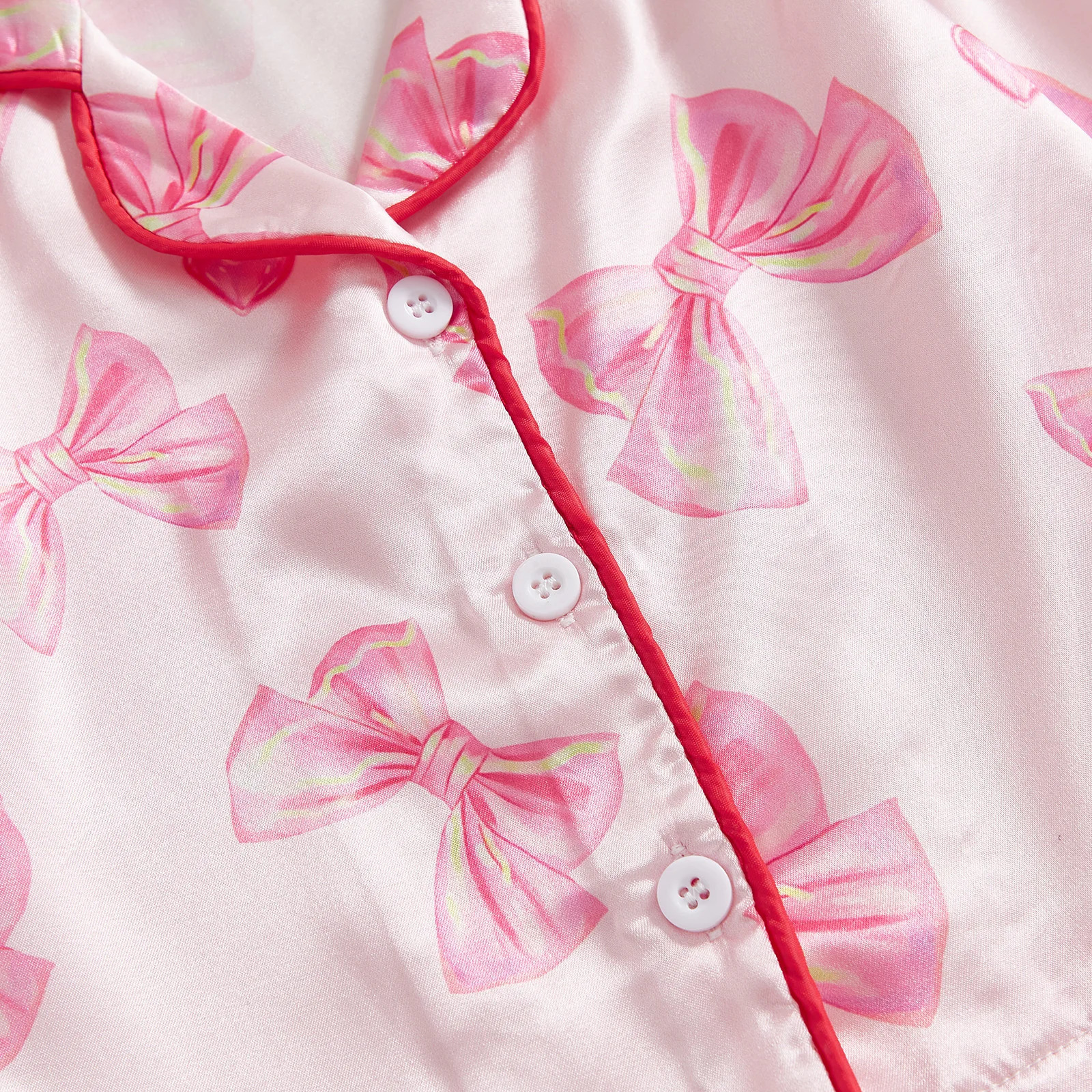Kid Girl Satin Pajamas Set Bow Print Feather Cuffs Long Sleeve Lapel Button Down Tops with Pants Sleepwear 250617