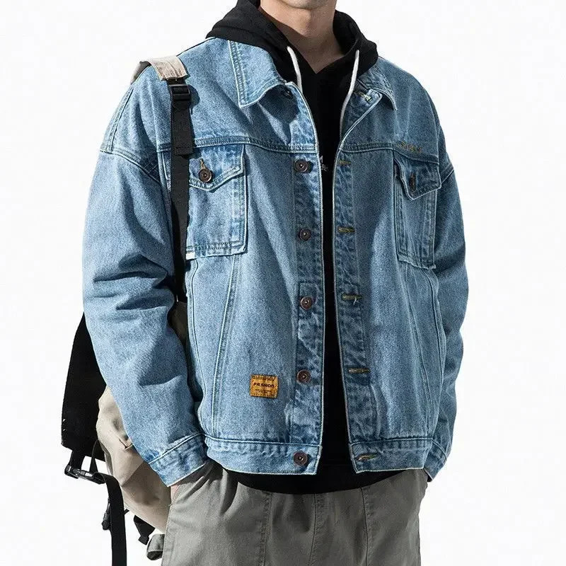 Mens Denim Jacket Blue Button Male Jean Coats with Embroidery Loose Big Size Worn Casual Cowboy Low Price Stylish Trendy 250616