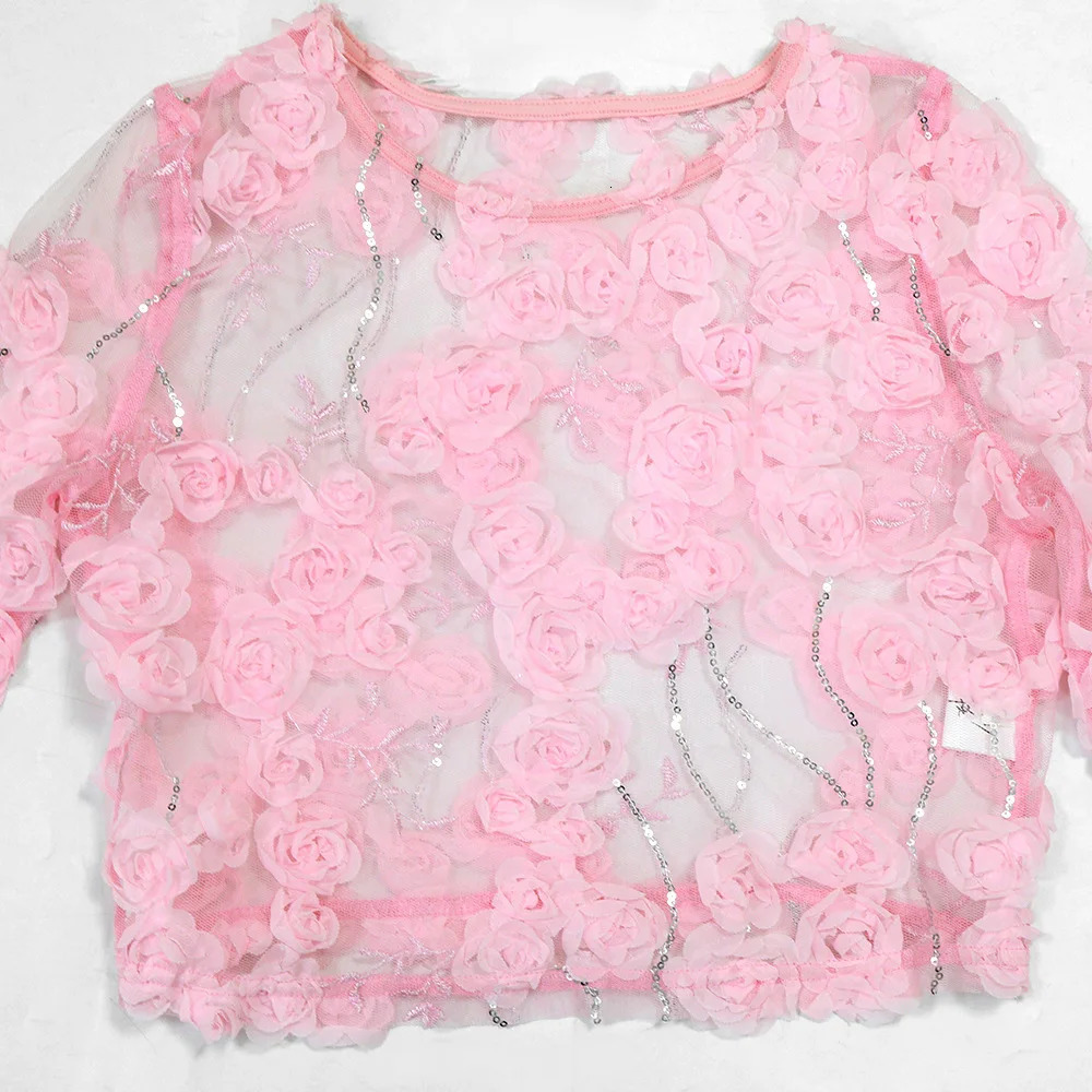 HBLL Sexy 3D Flower See Through Sequin Embroidery Crop Top and Shorts Pink 2 Pieces Set for Woman Summer Birthday Party Outfits 250613
