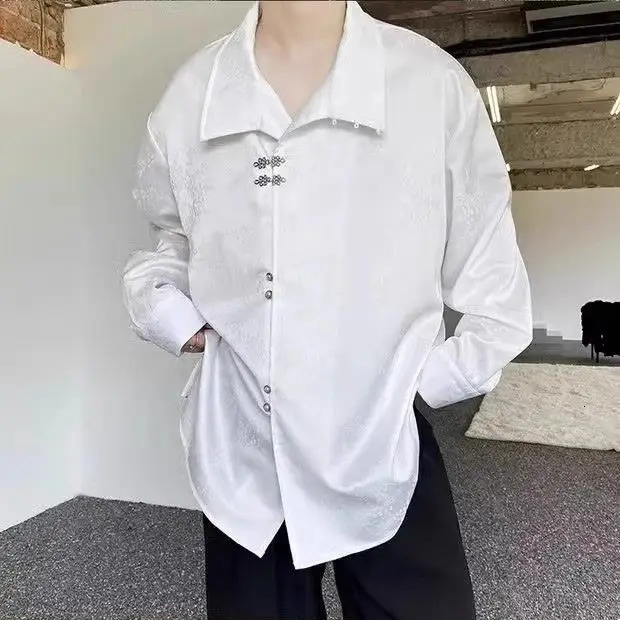 Style National Style Satin Irregular Dark Pattern Stand Collar Trendy Retro Metal Plate Button Long-sleeved Shirt for Men Women 250616