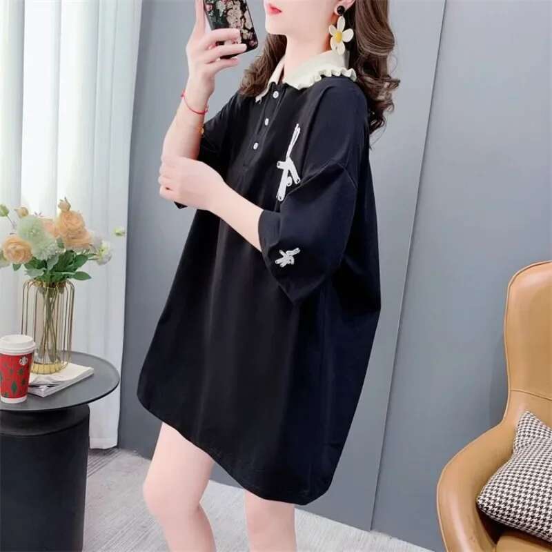 Embroidery Woman Tshirt Short Sleeve Polo Neck T Shirt for Women Pulovers Original Korean Popular Clothes Youthful Elegant Basic