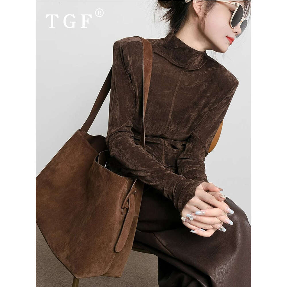 High End Melard Coffee Color Commuter Tote for Women New Suede Single Shoulder Crossbody Bucket Bag