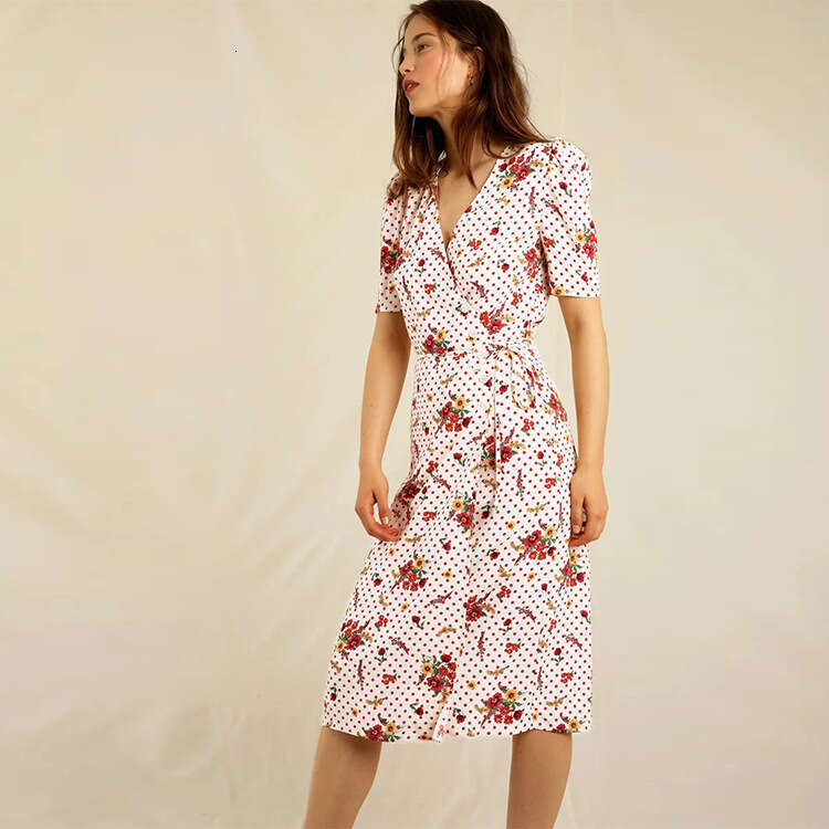 Tender Whitedress Robe 114#zhang Jiani Same Style Summer New 2025 Printed Floral Tea Dress French Short Sleeve V-neck