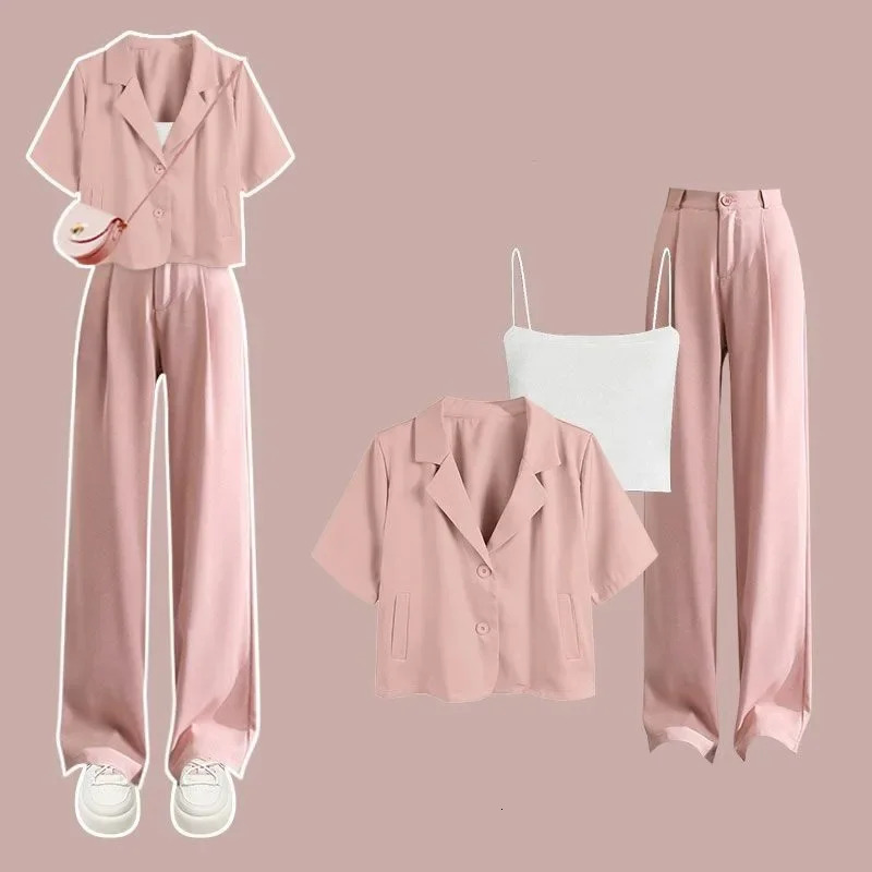 Summer Korean Elegant Thin Short Sleeved Suitsuspenderpants Three Piece Womens Fashion Casual Blazers Matching Set 250612