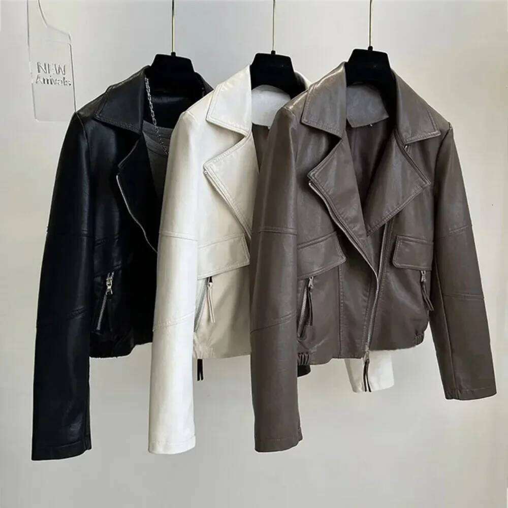 2024 New Spring Autumn Vintage Faux Jacket Women Brown Moto Biker Leather Coats Casual Streetwear Zipper PU Outwear