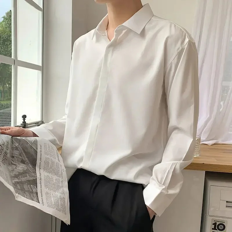 Male Shirts Plain White Ice Silk Korean Clothes Mens Shirt With Sleeves Button Up Trend I Sale Style Cool Casual Xxl 250616