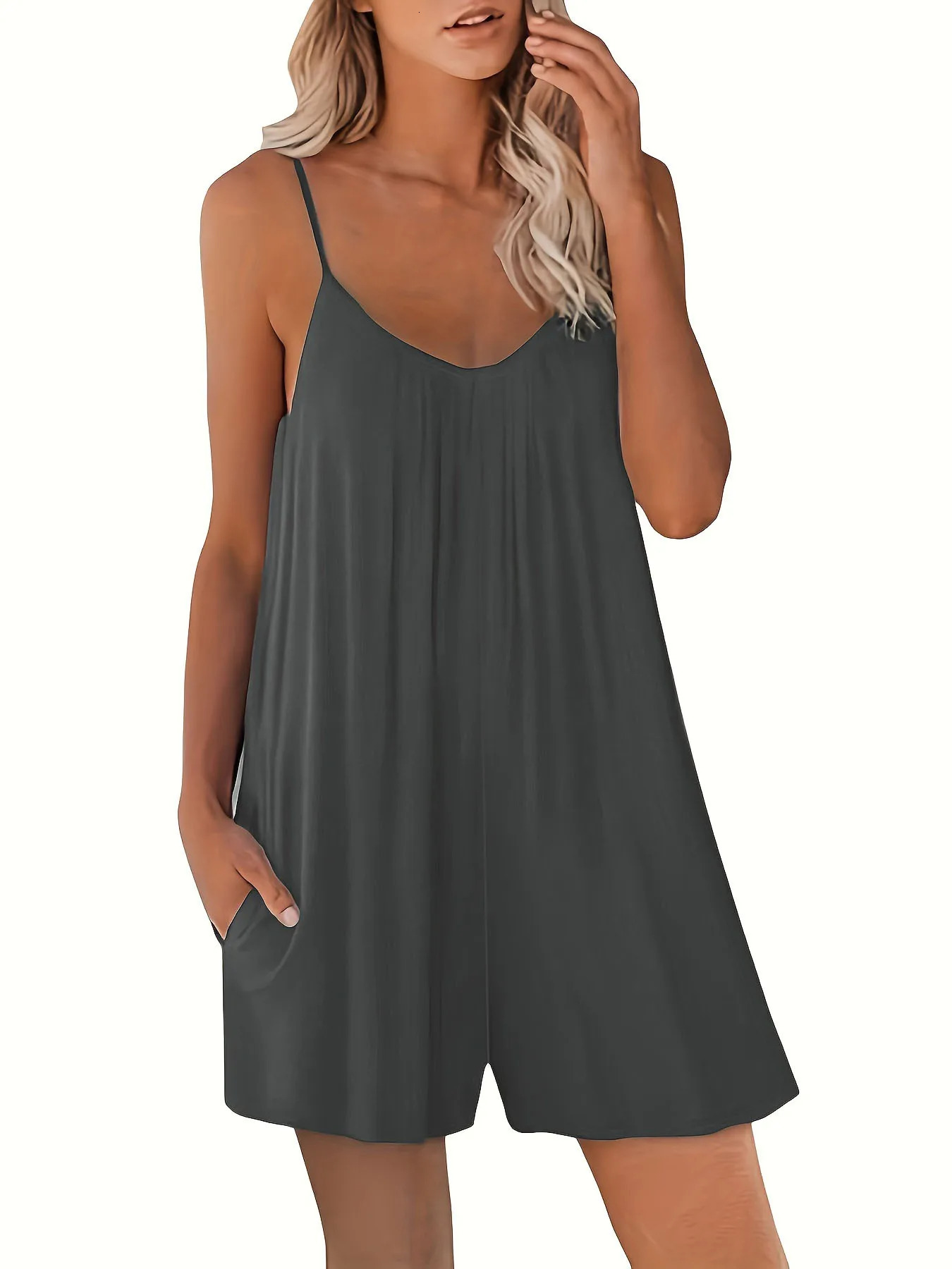Summer European and American Womens Casual Strap Shorts Solid Round Neck Loose Pocket Jumpsuit 250616
