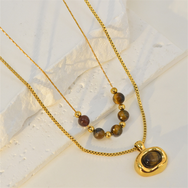 Tiger Eye Stone Beaded Irregular Stainless Steel Pendant Double Layer Stacked Necklace for Women