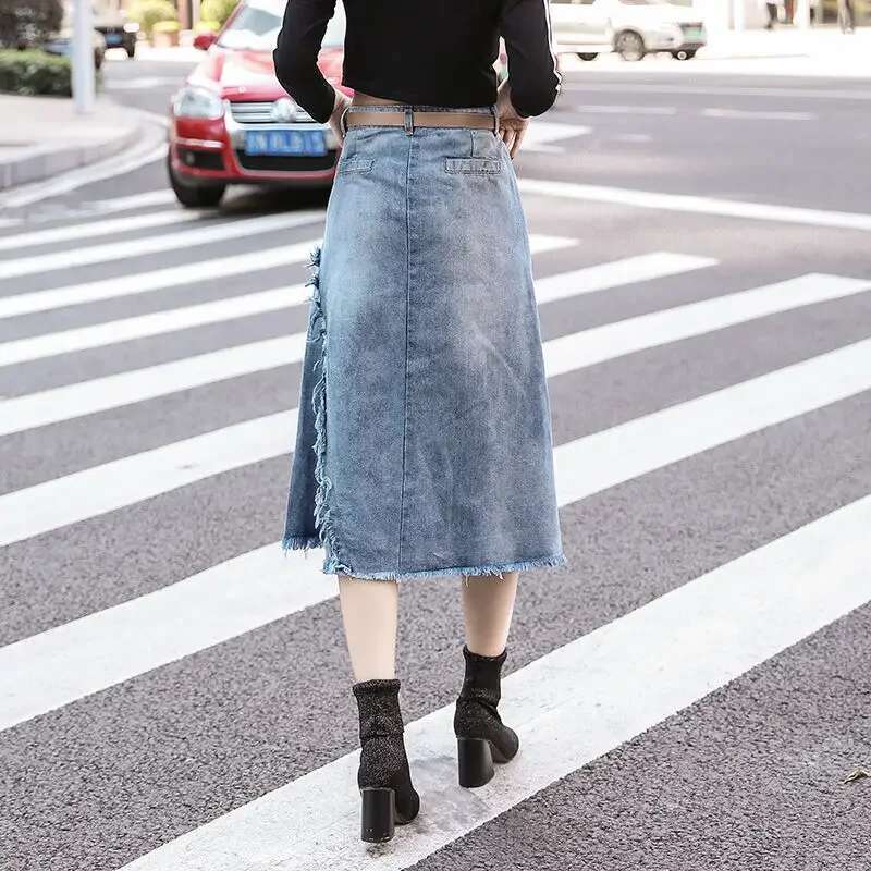 Zipper Jeans Skirts for Women High Waist Midi Patchwork Woman Denim Skirt with Pocket New in Clothing Trend 2025 Korean Style V