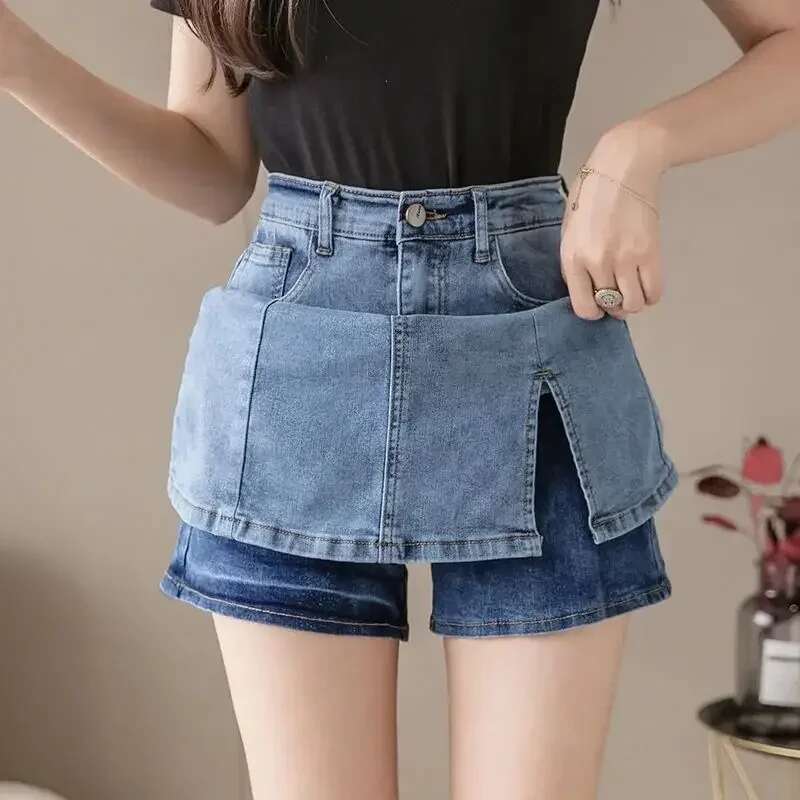 Gyaru Jeans Skirts for Women Midi Pants High Waist Blue Mini Woman Denim Skirt Chorts with Pocket Short Casual Harajuku V A Line