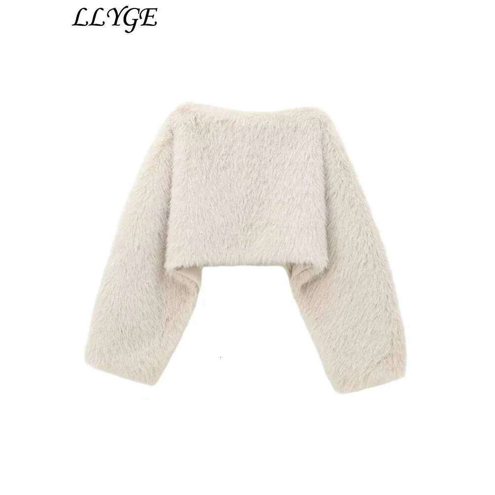 Sexy Women's Crop Faux Fur Coat Street O-neck Long Sleeve Female Plush Outwear 2024 Autumn Winter Lady Warm Furry Streetwear New