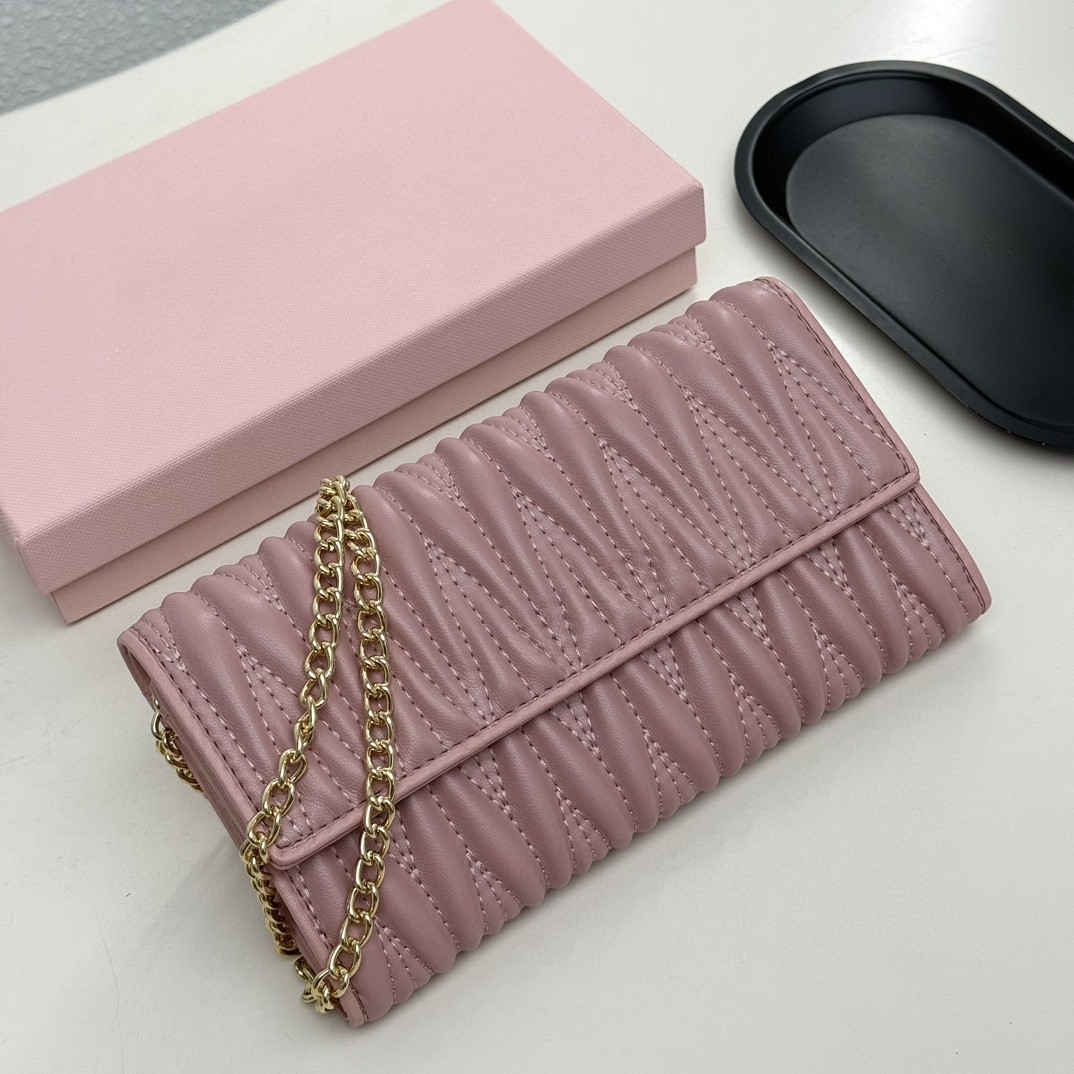 Real Leather Wallets On Chain Soft Sheep Leather Pleated Purses And Handbags Card Holders Inside Zipper Money Pocket Designer Shoulder Bag Evening Party Clutch 3231