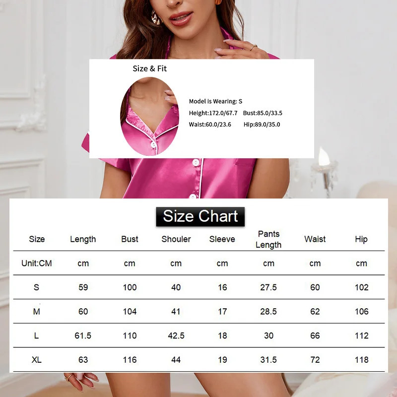 Womens Satin Pajama Set Summer Sleepwear Loungewear Short Sleeve Lapel Top Shorts Pyjamas Button Home Clothes Pajamas Pjs Set 250616