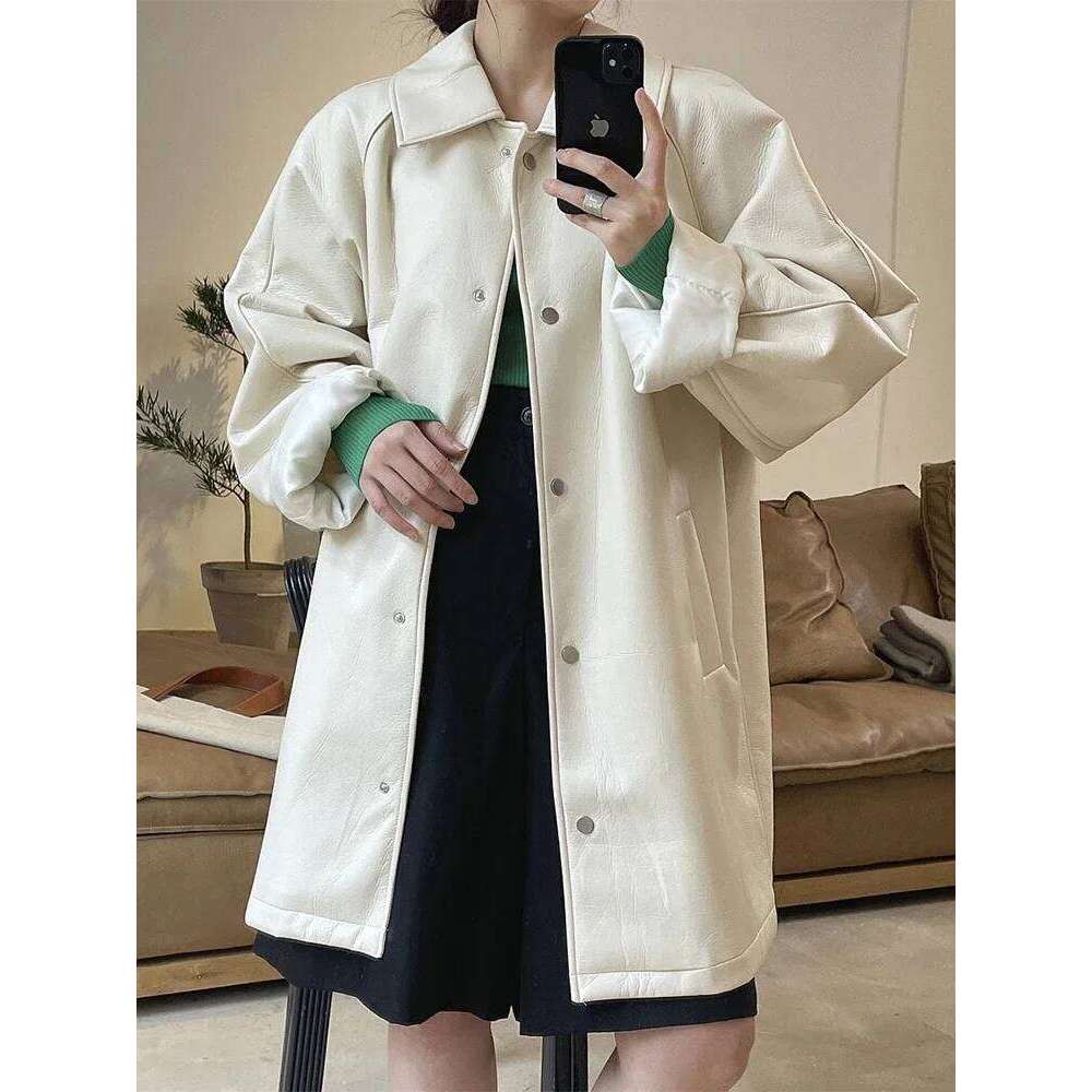 White PU Trench Coat for Women Spring Autumn 2025 Trend Simple Loose Casual Windbreaker Leather Jacket