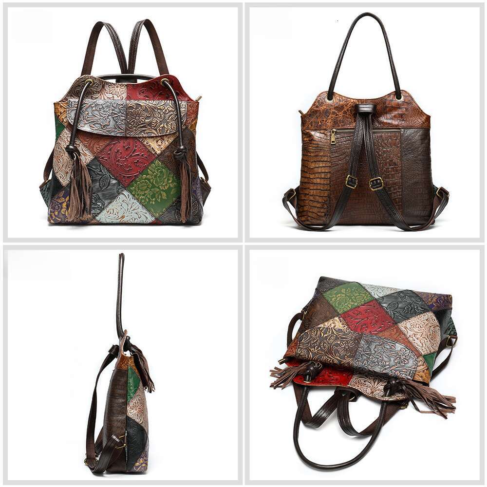 Genuine Leather Women's Bag Ethnic Style Ladies Patchwork Cowhide Large Capacity 13.3Inch Laptop Backpack