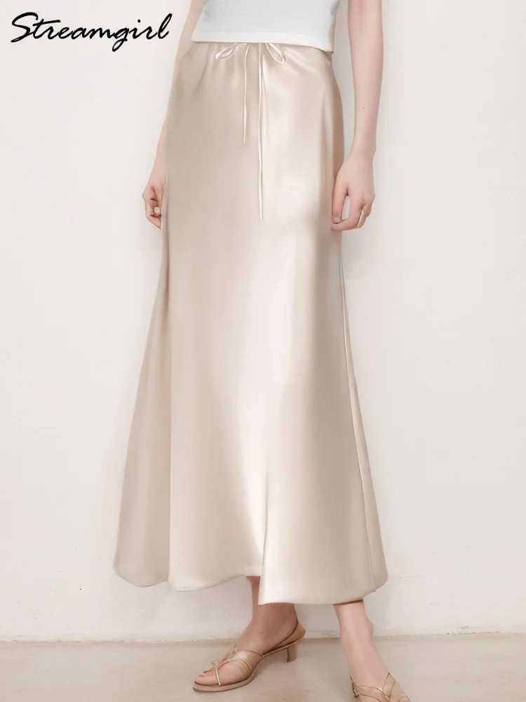 Long Black Satin Skirts For Women 2025 Spring Summer Straight Maxi Green Skirt Elegant Beige Women Satin Silk Skirts Long Brown 250614