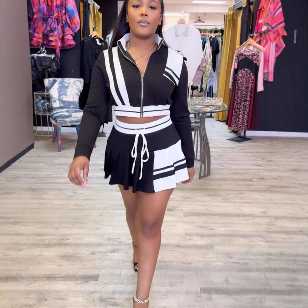 Spring Women's Street Style Color Block Jacket Top And Fashion Short Skirt Two-Piece Set For Women B5