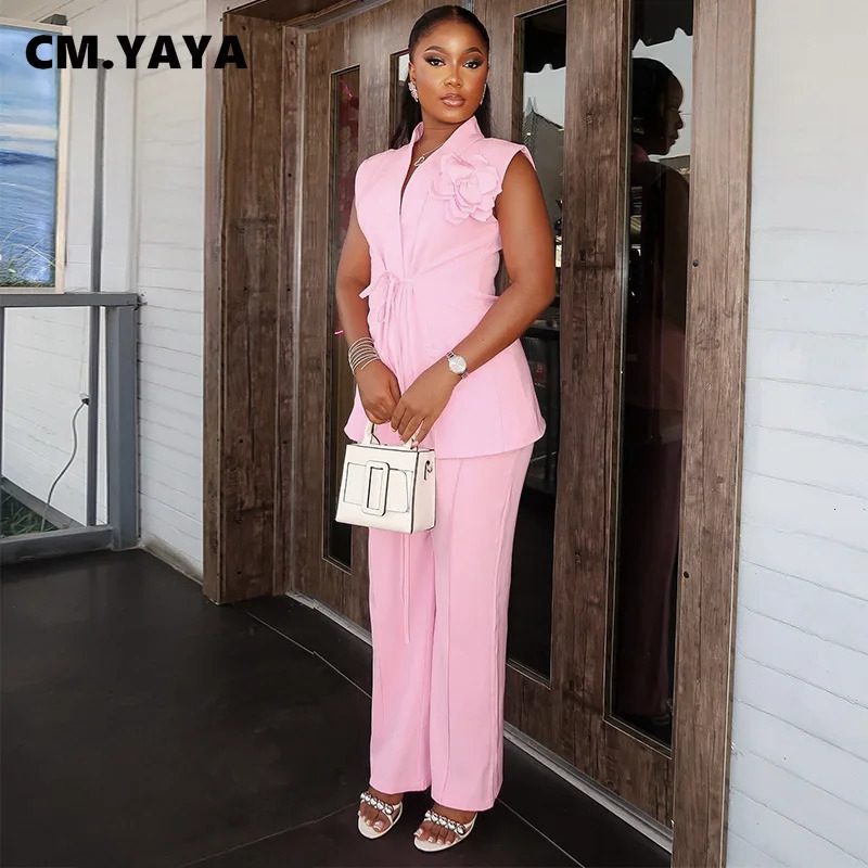 CMYAYA Fashion Womens Set Sleeveless Floral Vneck Blazer Tops and Wide Leg Pants Suit Chic Summer Two 2Piece Sets Outfit 250612