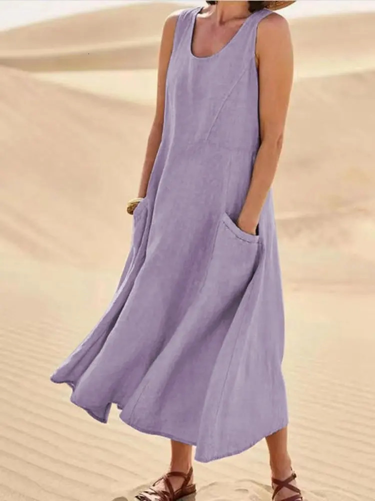 Women Coton Linen Sundress Summer Female Sleeveless Double Big Pocket Loose Sand Beachwear Long Dress Oversized S-5XL LRFZ-818 250616