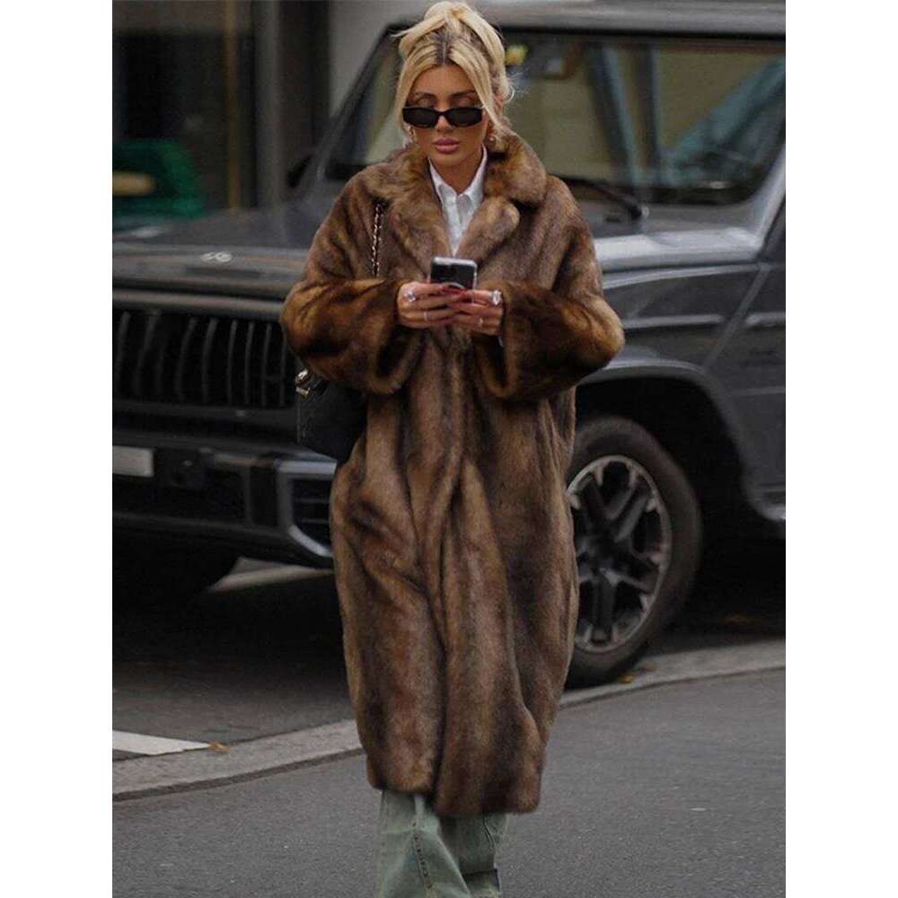 Vintage Lapel Faux Fur Long Women Loose Plush Single-Breasted Thick Coats Winter Warm Chic High Street Outwear