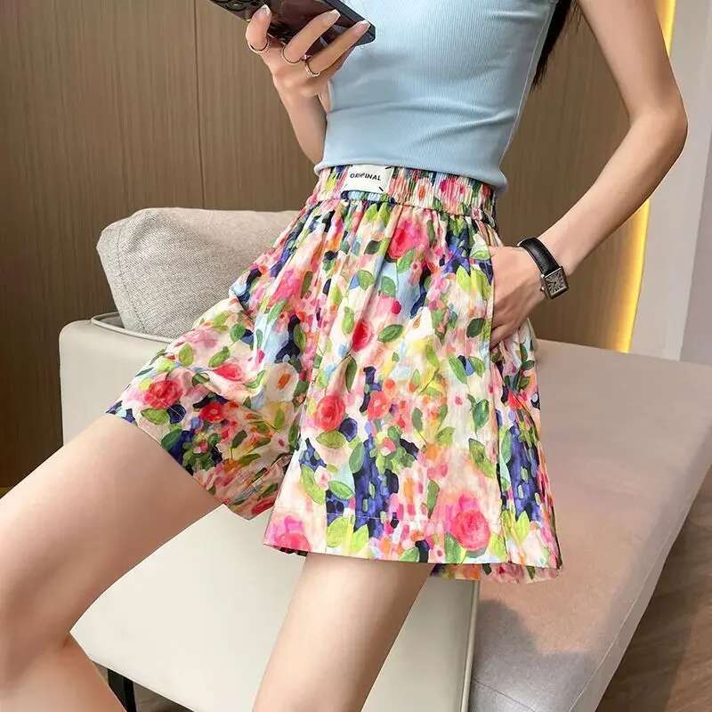 Shorts for Women High Waist Loose Blue Baggy Print Y2k Harajuku Stretchy Flowy New in 2000s Clothes Kpop Jorts Woman Short Pants